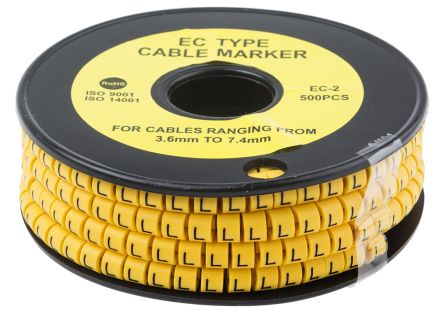 RS PRO Marqueurs De Câbles, Ø Câble 3.6 → 7.4mm, Texte : L, Noir Sur Jaune