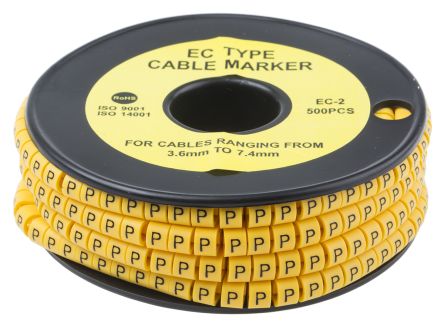RS PRO Kabel-Markierer, Aufsteckbar, Beschriftung: P, Schwarz Auf Gelb, Ø 3.6mm - 7.4mm, 5mm, 500 Stück