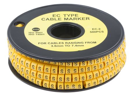 RS PRO Marcadores De Cable De PVC Negro Sobre Amarillo, Texto: S, Ø Máx. 7.4mm, Montaje: Deslizante, 500 Uds.