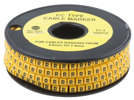 RS PRO Kabel-Markierer, Aufsteckbar, Beschriftung: R, Schwarz Auf Gelb, Ø 3.6mm - 7.4mm, 5mm, 500 Stück
