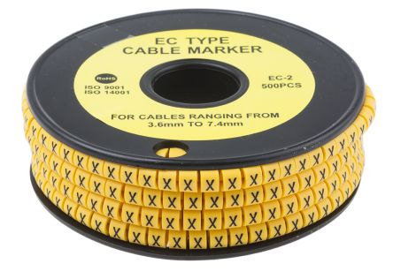 RS PRO Kabel-Markierer, Aufsteckbar, Beschriftung: X, Schwarz Auf Gelb, Ø 3.6mm - 7.4mm, 5mm, 500 Stück