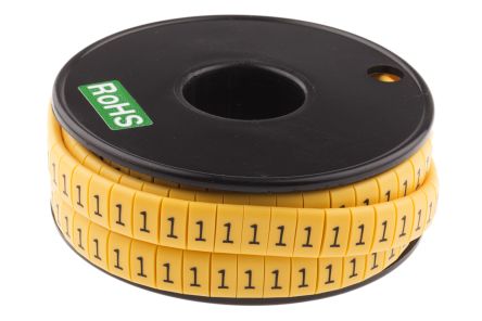 RS PRO Kabel-Markierer, Aufsteckbar, Beschriftung: 1, Schwarz Auf Gelb, Ø 3.5mm - 7mm, 5mm, 500 Stück