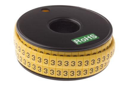 RS PRO Kabel-Markierer, Aufsteckbar, Beschriftung: 3, Schwarz Auf Gelb, Ø 3.5mm - 7mm, 5mm, 500 Stück