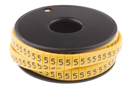 RS PRO Slide On Cable Markers, Black On Yellow, Pre-printed 5, 3.5 → 7mm Cable
