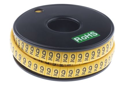 RS PRO Kabel-Markierer, Aufsteckbar, Beschriftung: 9, Schwarz Auf Gelb, Ø 3.5mm - 7mm, 5mm, 500 Stück