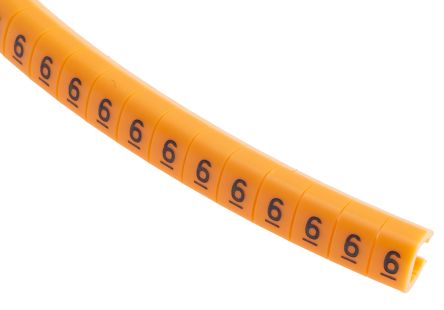 RS PRO Marcadores De Cable De Nylon 6 Negro Sobre Naranja, Texto: 6, Ø Máx. 5mm, Montaje: Snap On, 100 Uds.