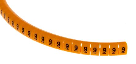 RS PRO Kabel-Markierer Schnappend, Beschriftung: 9, Schwarz Auf Orange, Ø 4mm - 5mm, 4mm, 100 Stück