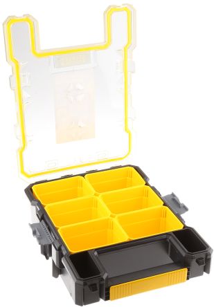 Stanley 零件收纳盒, 6储物格, 115mm x 359mm x 261mm, 可调储物格带透明盖板, PC, 黑色，黄色