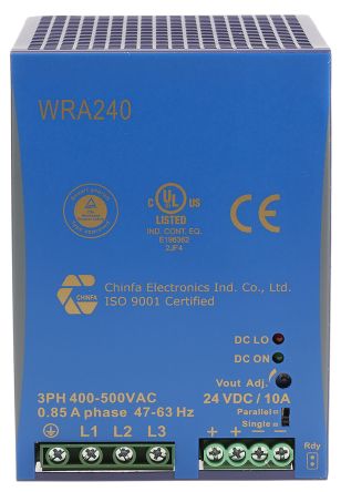 Chinfa WRA 240 DIN Rail Power Supply, 400V Ac Ac Input, 24V Dc Dc Output, 10A Output, 240W