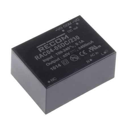 Recom Switching Power Supply, RAC04-05DC/230, 5V Dc, 400mA, 4W, Dual Output, 80 → 264V Ac Input Voltage