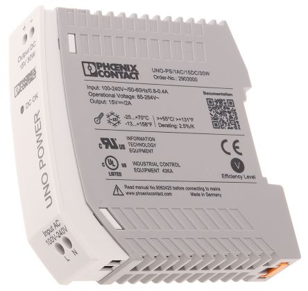 Phoenix Contact UNO-PS/1AC/15DC/30W Switch-Mode DIN-Schienen Netzteil 30W, 85 → 264V Ac, 15V Dc / 2A