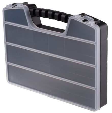 RS PRO 零件收纳盒, 9储物格, 320mm x 50mm x 250mm, 带透明盖板, 聚丙烯 (PP), 黑色