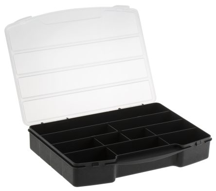 RS PRO 零件收纳盒, 10储物格, 245mm x 40mm x 180mm, 带透明盖板, 聚丙烯 (PP), 黑色