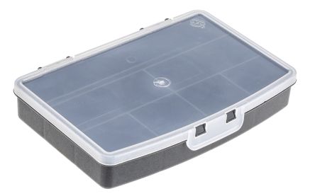 RS PRO 零件收纳盒, 7储物格, 122mm x 30mm x 175mm, 带透明盖板, 聚丙烯 (PP), 黑色