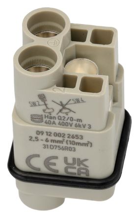 HARTING Heavy Duty Power Connector Insert, 40A, Male, HAN Q Series, 2 Contacts