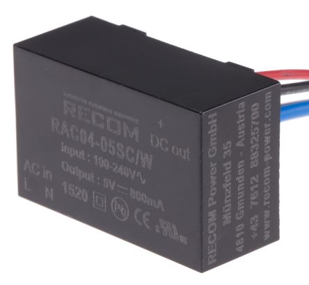 Recom Switching Power Supply, RAC04-05SC/W, 5V Dc, 800mA, 4W, 1 Output, 115 → 370 V Dc, 80 → 264V Ac