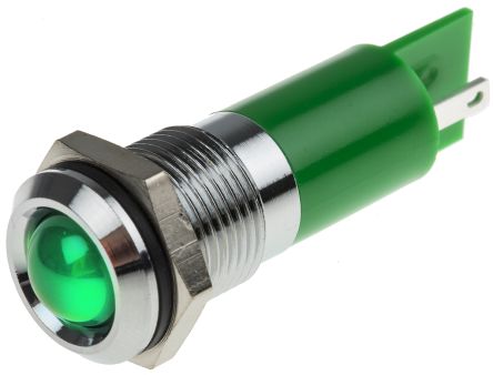 RS PRO Indicador LED, Verde, Lente Prominente, Marco Cromo, Ø Montaje 14mm, 220V Ac, 3mA, 4100mcd, IP67