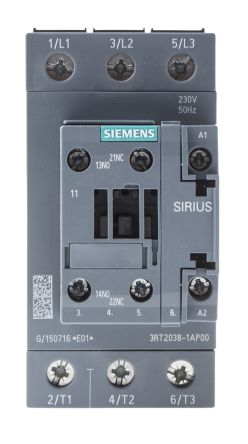 Siemens SIRIUS 3RT2 Leistungsschütz / 230 V Ac Spule, 3 -polig 3 Schließer, 400 V Ac / 80 A