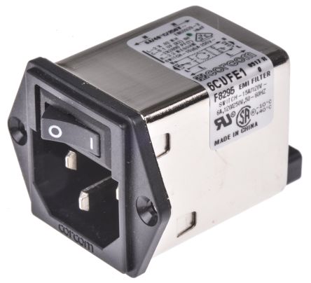 TE Connectivity 6A, 120 V Ac, 250 V Ac Male Flange Mount IEC Filter 1 Pole 2-1609113-4, Spade None Fuse