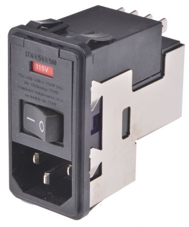 TE Connectivity C14 IEC Filter Stecker Mit 2-Pol Schalter 5 X 20mm Sicherung, 120 V Ac, 250 V Ac / 10A, Snap-In /