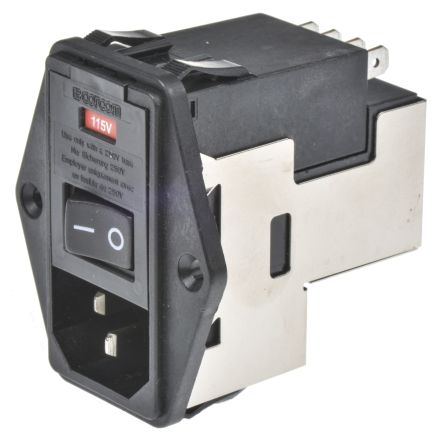 TE Connectivity C14 IEC Filter Stecker Mit 2-Pol Schalter 5 X 20mm Sicherung, 120 V Ac, 250 V Ac / 10A, Tafelmontage /