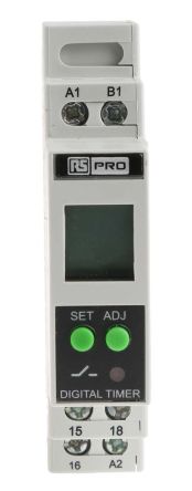 RS PRO DIN Rail Mount Timer Relay, 24 → 240V Ac/dc, 1-Contact, 01. S → 999h, SPDT