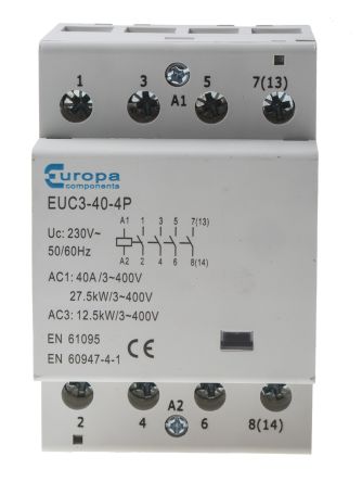 Europa Contactor De 4 Polos, 4 NA, 40 A, Bobina 230 V Ac, 12,5 KW
