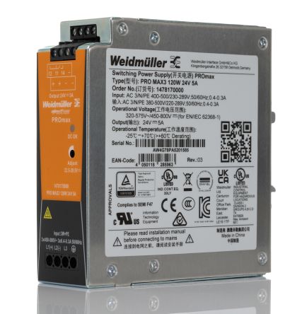 Weidmuller Weidmüller PRO MAX 3-Phasen Schaltnetzteile DIN-Schienen Netzteil 120W, 320 → 575V Ac, 24V Dc / 5A