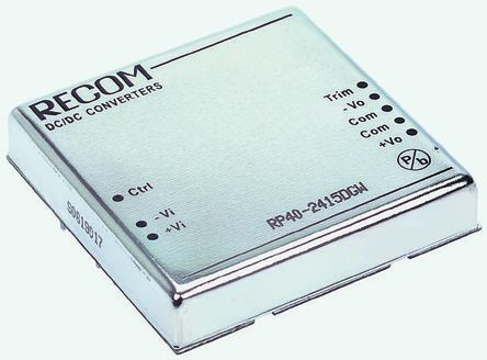 Recom RP40 GW DC-DC Converter, ±15V Dc/ ±1.33A Output, 18 → 75 V Dc Input, 40W, Through Hole, +105°C Max Temp