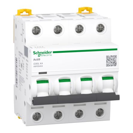 Schneider Electric Acti9 Acti9 iC60 MCB, 4P, 4A Curve K, 70 KA Breaking Capacity