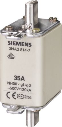 Siemens Fusible NH De Cuchillas Centradas, NH00, GG, 500V Ac, 100A, CSA 22.2, IEC EN 60269, VDE 0636