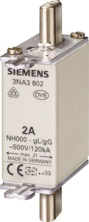 Siemens NH-Sicherung NH000, 500V Ac / 2A, GG CSA 22.2, IEC EN 60269, VDE 0636