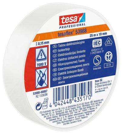 Tesa 53988 Isolierband, PVC Weiß, 0.15mm X 19mm X 25m, 0°C Bis +90°C