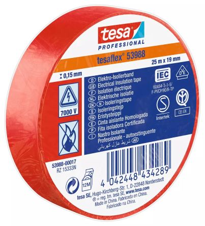 Tesa Ruban Isolant 53988 En PVC Rouge 25m X 19mm X 0.15mm