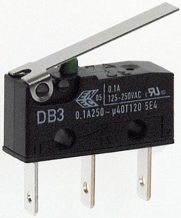 ZF Mikroschalter Scharnierhebel-Betätiger Flachstecker, 100 MA @ 30 V Dc, SPDT 0,49 N -40°C - +120°C