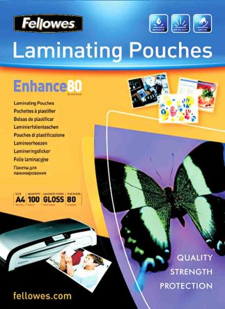 Fellowes A4 Glossy Laminator Pouches 80micron Thickness, 100 Pack Quantity