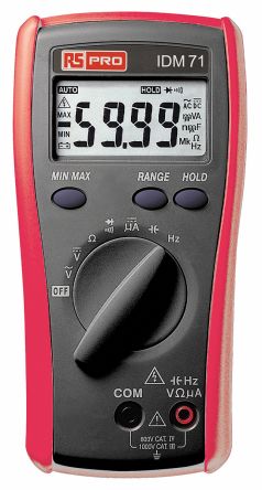 RS PRO IDM71 HandLCD Digital-Multimeter, CAT III, CAT IV 750V Ac / 6mA Ac, 60MΩ, DKD/DAkkS-kalibriert