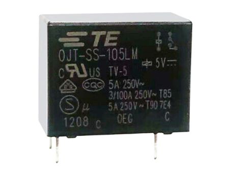 TE Connectivity PCB Mount Power Relay, 5V Dc Coil, 5A Switching Current, SPST