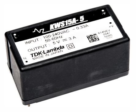 TDK-Lambda Switching Power Supply, KWS15A-24, 24V Dc, 700mA, 16.8W, 1 Output, 120 → 370 V Dc, 85 → 265 V