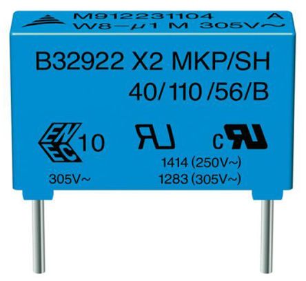 EPCOS B32922H X2 Polypropylenkondensator PP 330nF ±10% / 305 V Ac, 630 V Dc, THT Raster 15mm