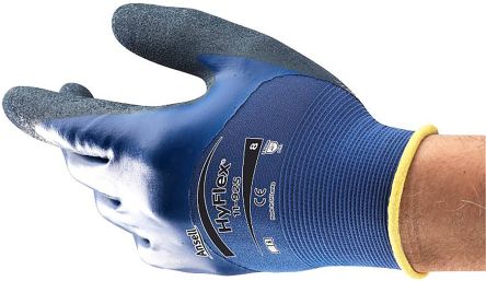 Ansell HyFlex 11-925 Blue Nylon, Spandex Oil Resistant Work Gloves, Size 8, Medium, Nitrile Coating