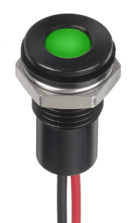 RS PRO Green Panel Mount Indicator, 12V Dc, 8mm Mounting Hole Size, Lead Wires Termination, IP67