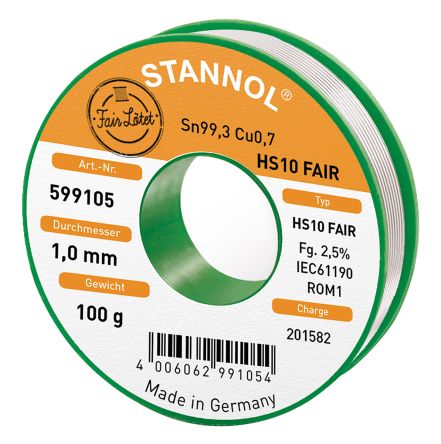 Stannol HS10 Fair Lötzinn Bleifrei 99.3%Sn 0%Pb 0.7%Cu, 227°C, Ø 1mm / 100g