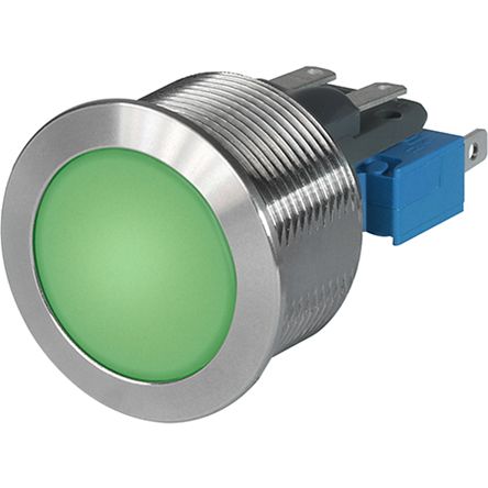 Schurter 绿色按钮开关, 面板安装, 瞬时操作, 面板开孔直径22.1mm, 带指示灯, 单刀双掷