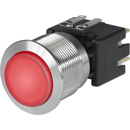 Schurter 红色按钮开关, 面板安装, 闭锁操作, 面板开孔直径22.1mm, 带指示灯, 双刀双掷