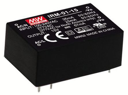 MEAN WELL Switching Power Supply, IRM-01-15, 15V Dc, 67mA, 1W, 1 Output, 120 → 430 V Dc, 85 → 305 V Ac