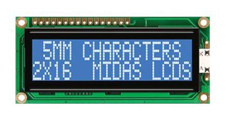 Midas MC21605G6WD-BNMLW-V2 G Alphanumeric LCD Display, Blue On White, 2 Rows By 16 Characters, Transmissive