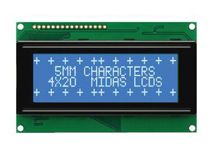 Midas 段码液晶屏, A系列, 字母数字显示, 4行20个字符, 可视区域76 x 26mm, 8位接口