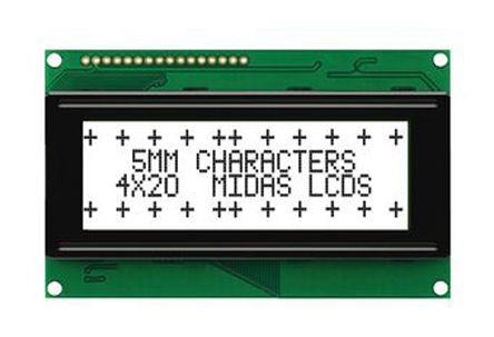 Midas A Monochrom LCD, Alphanumerisch Vierzeilig, 20 Zeichen, Hintergrund Weiß Reflektiv, 8-Bit Interface