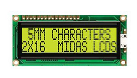 Midas MC21605G6WD-SPTLY-V2 G Alphanumeric LCD Display Yellow-Green, 2 Rows By 16 Characters, Transflective